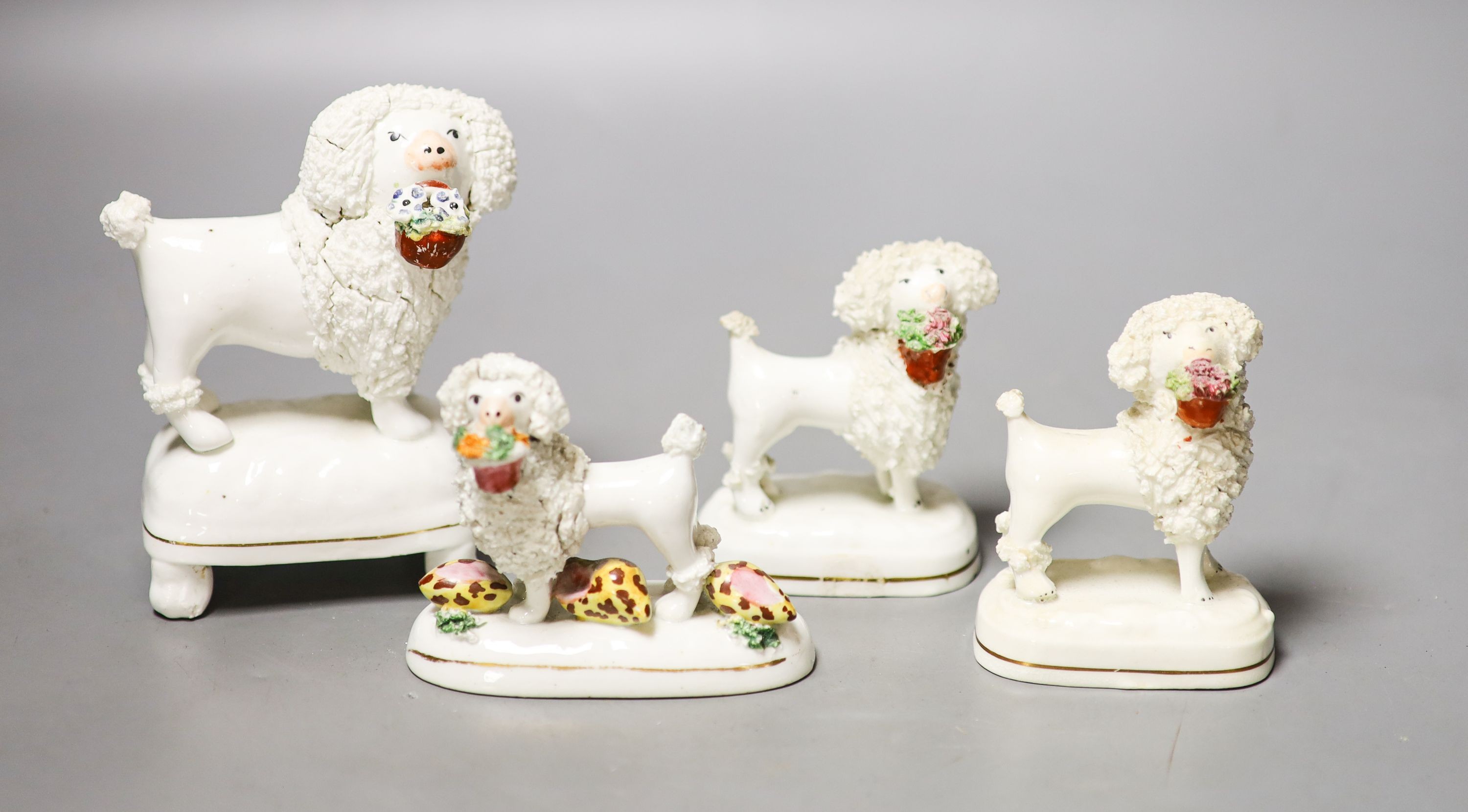 Four Staffordshire porcelain figures of poodles holding a basket of flowers, c.1830-50, one modelled with shells to the base 12cm